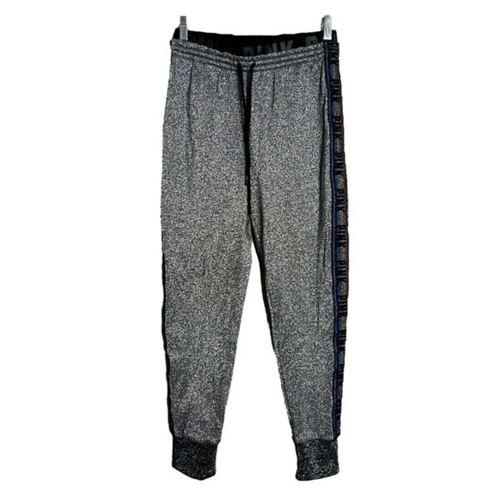 Pink Victorias Secret Pants Women Small Gray Silver Black Sequin Glitter Jogger